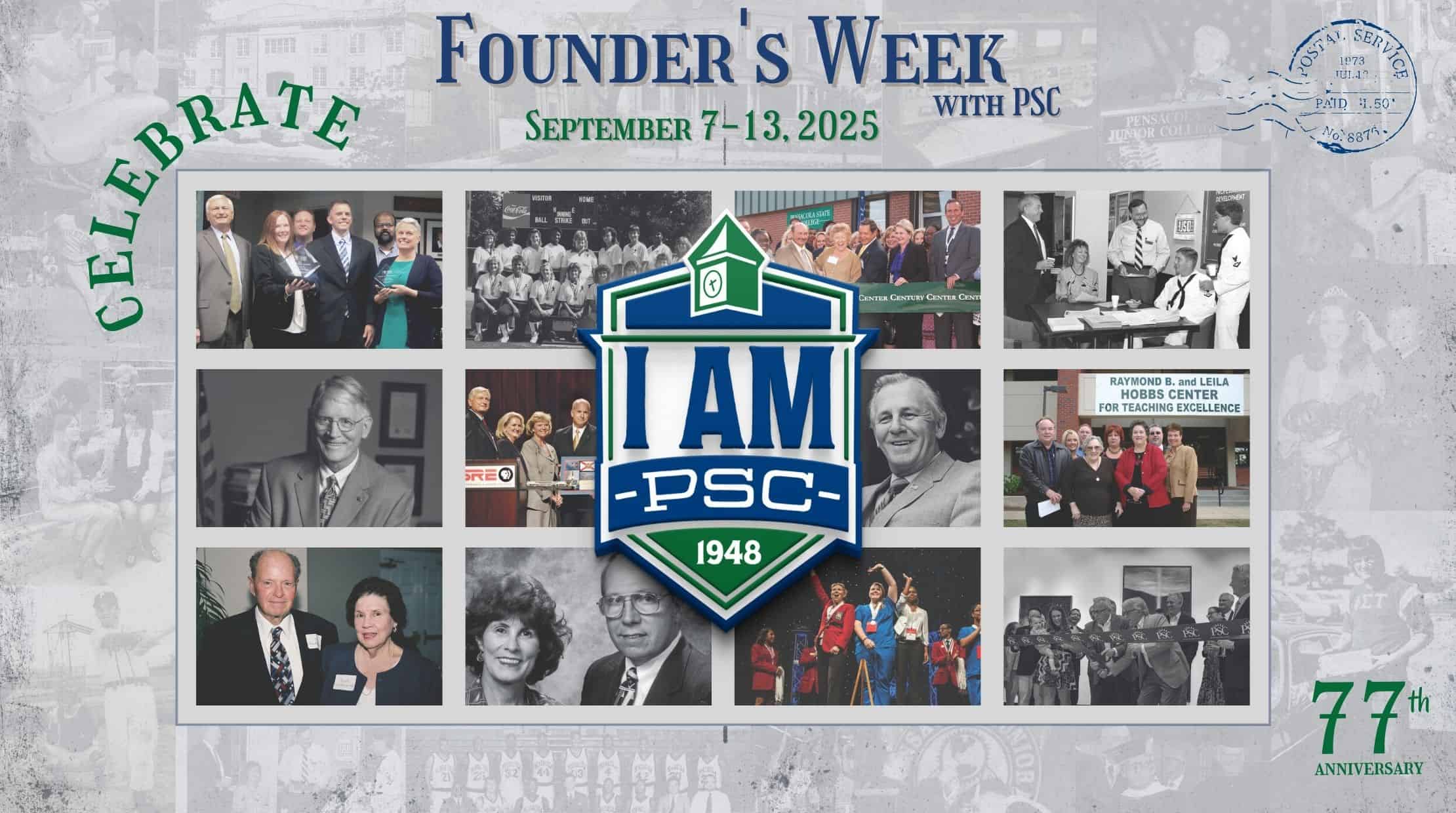 Pensacola State College Foundation logo with "I Am PSC" theme and anniversary details.
