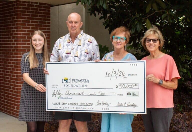 Image of Mikenzie Francis-Opperman, PSCF Director of Scholarships; Ron and Dale Hensley, Scholarship Donors; and Andrea Krieger, PSCF Executive Director.