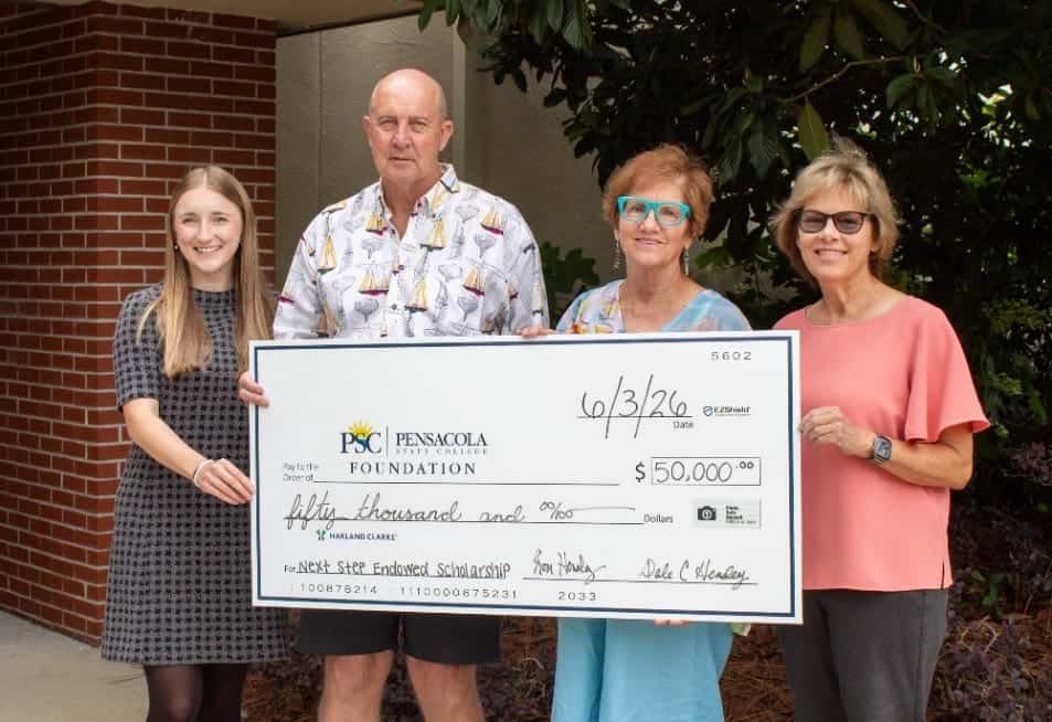 Image of Mikenzie Francis-Opperman, PSCF Director of Scholarships; Ron and Dale Hensley, Scholarship Donors; and Andrea Krieger, PSCF Executive Director.